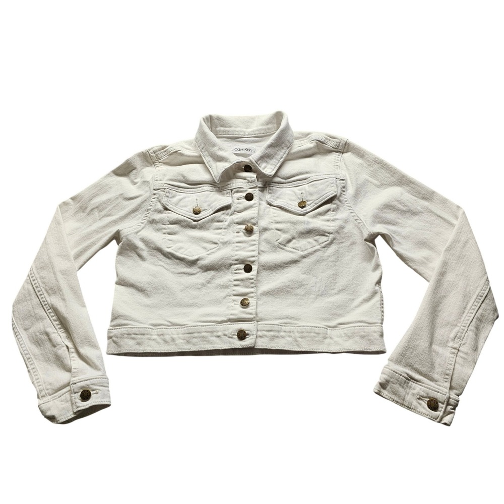 Calvin Klein White Denim Trucker Jacket Womens XS Cropped Button Front Cotton